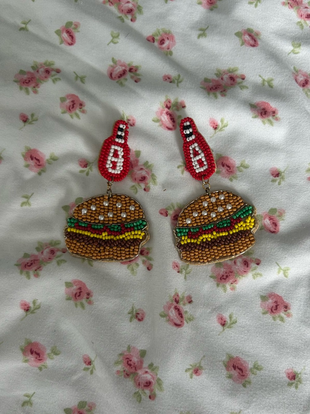 Beaded Burger & Ketchup Drop Earrings - Fun Food Statement